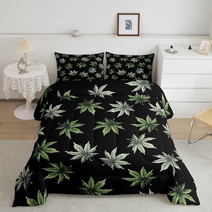 Erosebridal Green Leaves Comforter Set King, Leaves Bedding for Kids Teens Adult,Tropical Botanical Down Comforter,Exotic Plant Bedding Comforter Sets,Luxury Soft