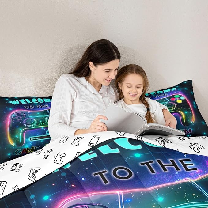 jejeloiu Cool Gamer Bedding Set Toddle Size for Boys 3D Gaming Comforter Set Kids Teens Bright Color Duvet Set Modern Game Console Quilt Set 2Pcs