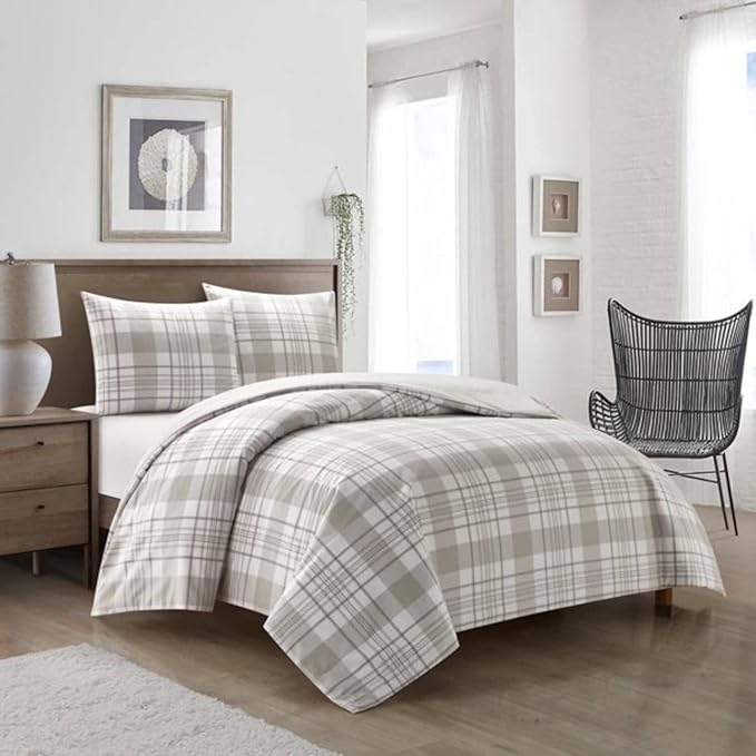 Dearfoams Super Soft 100% Cotton Comforter Set, Grey Plaid, Full,Queen