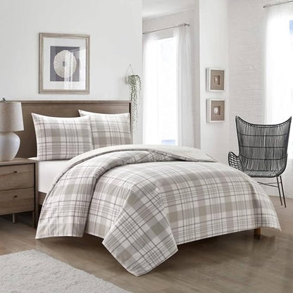 Dearfoams Super Soft 100% Cotton Comforter Set, Grey Plaid, Full,Queen