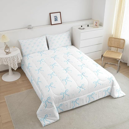 Erosebridal Kids Blue Bow Knot Bedding Set King Size, Kawaii Bowknot Comforter Set for Youth Teens Adults Bedroom, Dreamy Princess Down Comforter, Princess Galaxy Stars Quilt with 2 Pillowcases