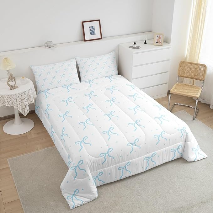 Erosebridal Kids Blue Bow Knot Bedding Set Queen Size, Kawaii Bowknot Comforter Set for Youth Teens Adults Bedroom, Dreamy Princess Down Comforter, Princess Galaxy Stars Quilt with 2 Pillowcases