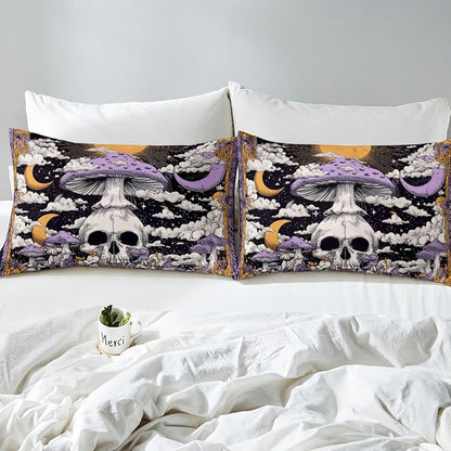 Erosebridal Boys Gothic Halloween Comforter Set Toddler, Horror Skull Bedding Set Spooky Halloween Decor Comforter for Kids Teens Adults Gothic Bedroom Decor, Moon and Stars Mushroom Quilt 2 Piece