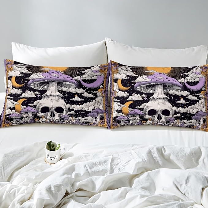 Erosebridal Boys Gothic Halloween Full Comforter Set, Horror Skull Bedding Set Spooky Halloween Decor Comforter for Kids Teens Adults Gothic Bedroom Decor, Moon and Stars Mushroom Quilt 3 Piece