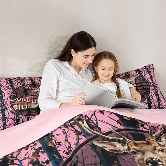 Erosebridal Hunting Deer Full Bedding Set,Pink Camo Rustic Comforter Set for Girls Boys Kids,Cabin Lodge Farmhouse Comforter,Camouflage Hunter Bedroom Decor with 2 Pillowcases,Lightweight
