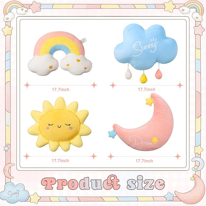 4 Pcs Cloud Rainbow Moon Sun Pillow 17" Soft Plush Pillow Cute Stuffed Throw Cushion Decorative Creative Cushion for Home Decor Gift Room Reading Nook Decorations