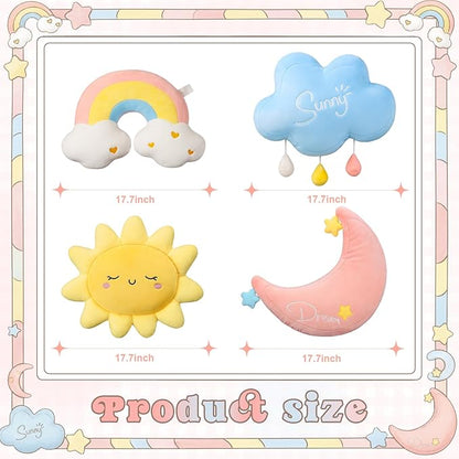 4 Pcs Cloud Rainbow Moon Sun Pillow 17" Soft Plush Pillow Cute Stuffed Throw Cushion Decorative Creative Cushion for Home Decor Gift Room Reading Nook Decorations