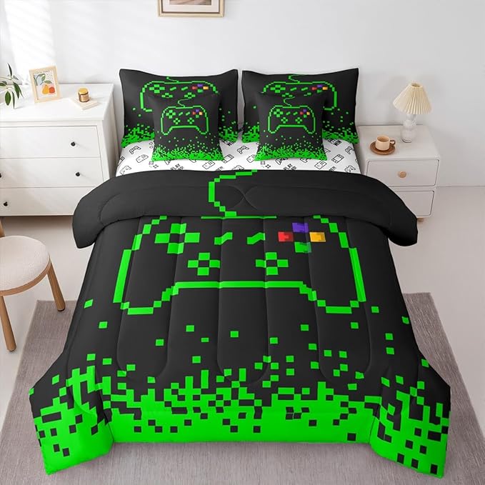Castle Fairy Video Games 7 Piece Bedding Set Full Size,Miner Pixel Games Comforter & Sheet Sets Neon Green Block Building Bed in a Bag Modern Black Flat & Fitted Sheets,4 Pillow Covers