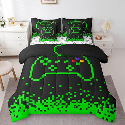 Castle Fairy Video Games 7 Piece Bedding Set Full Size,Miner Pixel Games Comforter & Sheet Sets Neon Green Block Building Bed in a Bag Modern Black Flat & Fitted Sheets,4 Pillow Covers