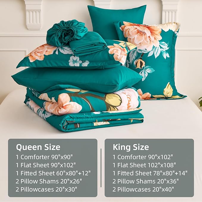 Drucon Floral Comforter Set King Size 7 Pieces Bed in a Bag, Teal Blue Floral Bedding Set, Soft Microfiber Comforter and Sheet Set for All Season (King, 104"x90")