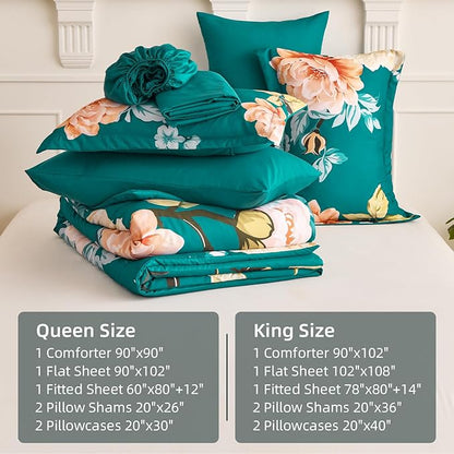Drucon Floral Comforter Set King Size 7 Pieces Bed in a Bag, Teal Blue Floral Bedding Set, Soft Microfiber Comforter and Sheet Set for All Season (King, 104"x90")