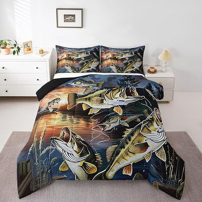Erosebridal Fishing Theme King Comforter Set,Big Bass Pike Fish Bedding Sets for Kids Boys Men,Rustic Cabin Lake House Quilt Bed Set,Vintage Fisherman Bedroom Decor,2 Pillowcases Breathable