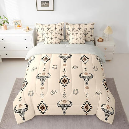 Erosebridal Bull Skull 7 Piece Bedding Set King Aztec Comforter Set with Sheets Southwest Horseshoe Cowboy Hat Dot Bed in a Bag Western Arrow Geometric Brown for Teens Men Women