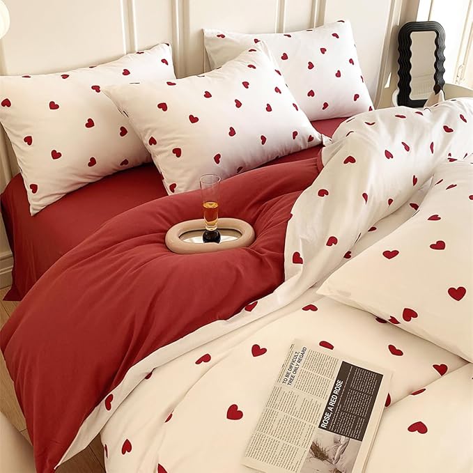 White Queen Comforter Set - Red Heart Comforter Set Queen Size, Quilt Bedding Set 3 Pieces, Soft & Lightweight Comforter(90‘’ x 90‘’) for Girl All Season & 2 Pillowcases(30‘’x20‘’)