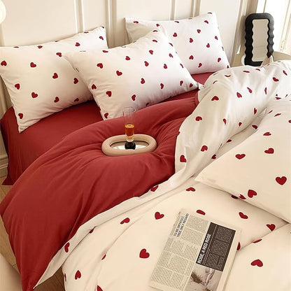 White Comforter Set Full Size - Red Heart Quilt Bedding Set 3 Pieces, Comforter Set Full, Soft & Lightweight Comforter(79‘’ x 90‘’) for Girl All Season & 2 Pillowcases(30‘’x20‘’)