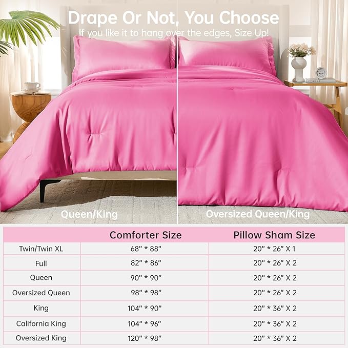 MUXHOMO Full Comforter Sets, All Season Ultra Soft Down Alternative Bedding - 3 Piece Lightweight Bed Set Includes 1 Comforter (82"x86") and 2 Pillow Shams (20"x26"), Hot Pink