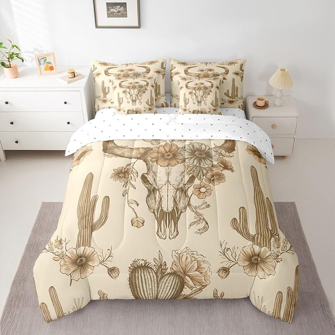 Erosebridal Bull Skull Bed in A Bag Full | Ethnic Horns Aztec 7 Piece Comforter Set Tribal Symbol Vintage Bohemian Sheet Set Breathable Lightweight Floral Tropical Cactus Fitted Sheet