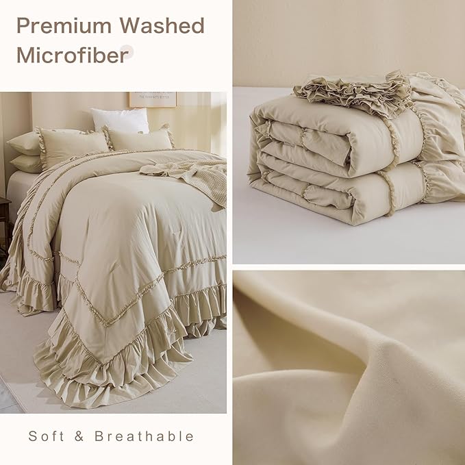 Masaca 120x120 Oversized Comforter King Size,Farmhouse Shabby Boho Chic Ruffle California King Bed Comforter Set French Country Rustic Bedding 3PCS (1 Ruffled Comforter+2 Pillow Shams)