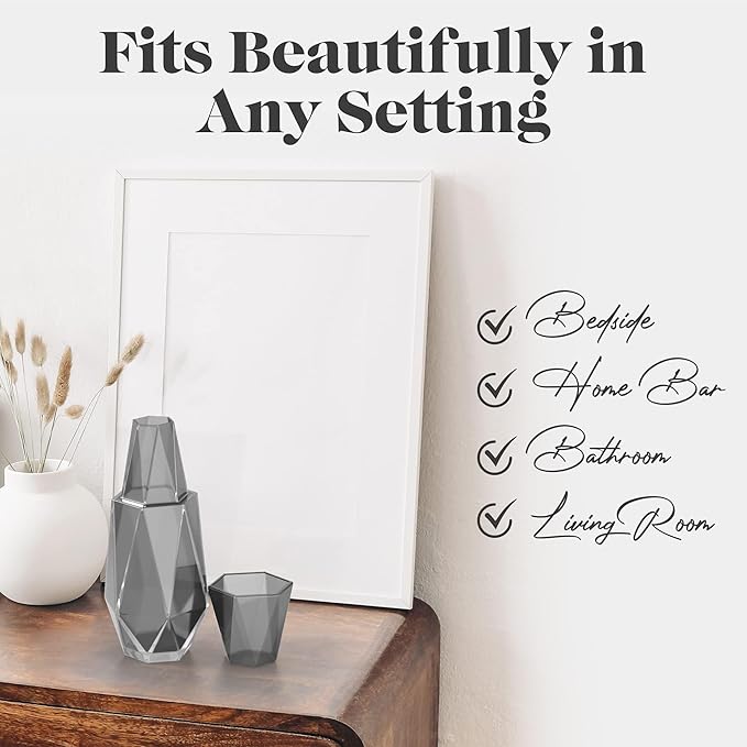American Atelier 37 oz Modern Geometric Bedside Carafe & Cup Set – 9" Glass Water Carafe with Lid for Nightstand, Office, Guest Room, Hydration, Juice & Mouthwash Storage, Stylish Drinkware (Grey)