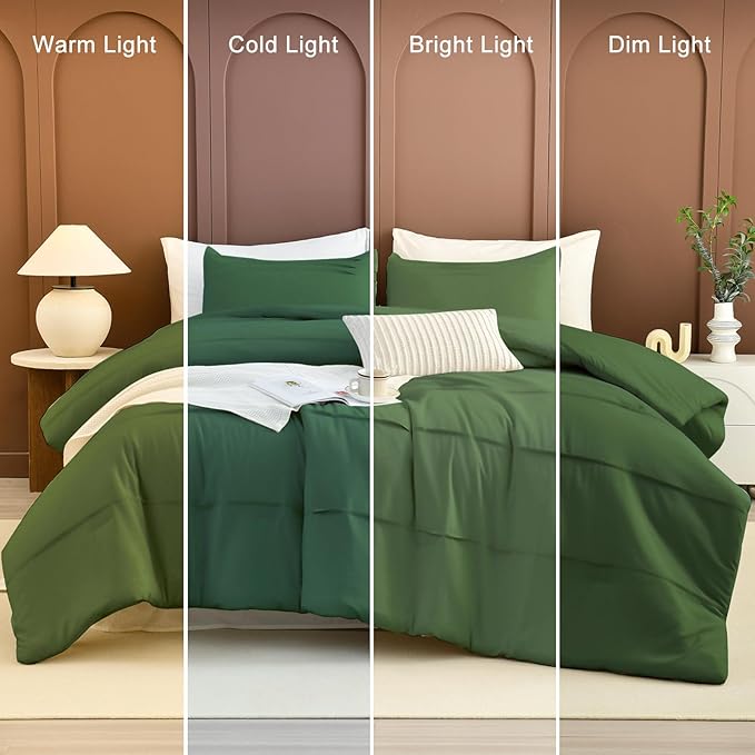 Masaca Olive Green Oversized King Comforter 120"x120",Pinch Pleat Dark Green Farmhouse Boho Bedding Set,3 Pieces Soft Lightweight Fluffy California King Comforter Set for All Season