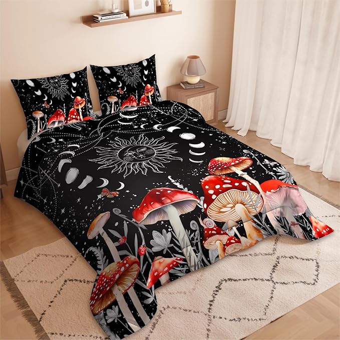 Sun Moon Boho Mushroom Comforter Sets for Kids Adults,3D Pattern Black Color,Decorative Bedding Comforter Sets with 2 Pillow Shams, Full Size