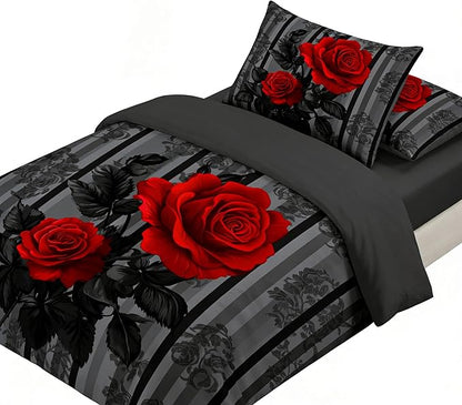 Red Rose Comforter Set Twin Size for Girls, Black Floral Bedding Set for Vintage Country Bedroom Decor - 2Piece Soft Fluffy Microfiber Quilted Set with 1 Pillowcase, 68"x86"