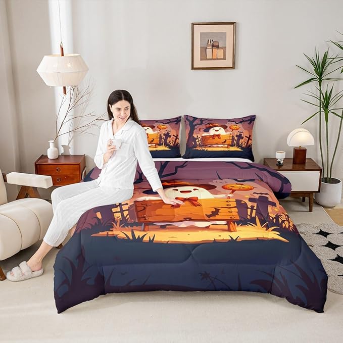 Erosebridal Teens Halloween Queen Comforter Set, Cute Ghost Bow Bedding Set Spooky Halloween Decor Comforter for Kids Boys Girls Youth Adults Bedroom, Cartoon Graveyard Gothic Pumpkin Lantern Quilt