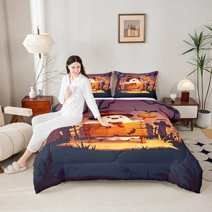 Erosebridal Teens Halloween Toddler Bedding Set, Cute Ghost Bow Comforter Set Spooky Halloween Decor Comforter for Kids Boys Girls Youth Adults Bedroom, Cartoon Graveyard Gothic Pumpkin Lantern Quilt