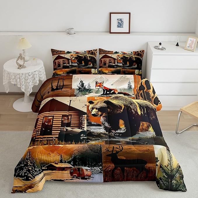 Erosebridal Rustic Lodge Comforter Set King Size Bear Deer Fox Cabin Bedding Set for Kids Teens Adult | Country Woodland Animals Duvet Insert Vintage Barn Pine Trees Brown Black Quilt,3 Piece