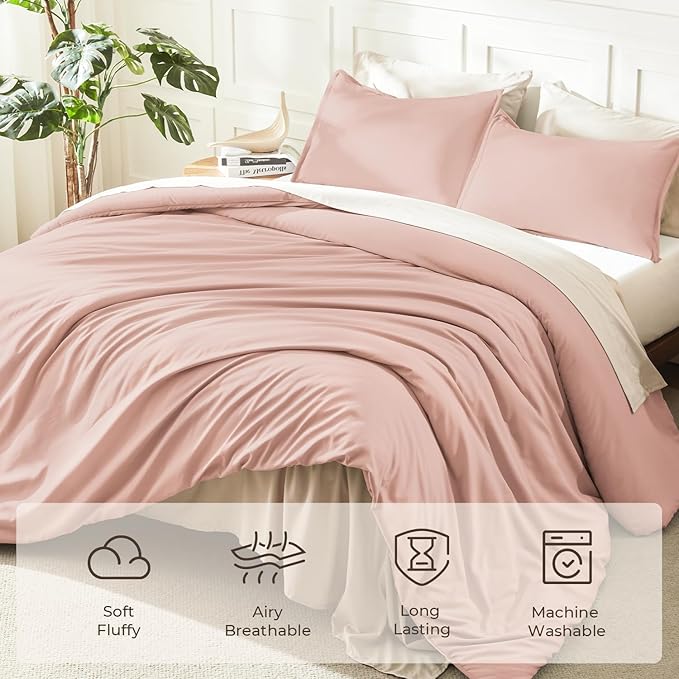 Litanika Blush Pink Comforter California King Size, 3 Pieces Cal King Lightweight Solid Bedding Comforter Set, All Season Fluffy Bed Set (104x96In Comforter & 2 Pillowcases)