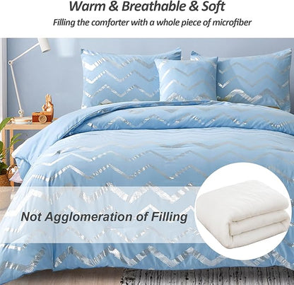 Menghomeus Blue/Silver Comforter Set Queen/Full Size Metallic Print Glitter Bed Comforter Cute Shinny Bedding for Teen Girls Kids Women, 4 Piece (2 Pillowcases, 1 Decorative Pillow Sham)