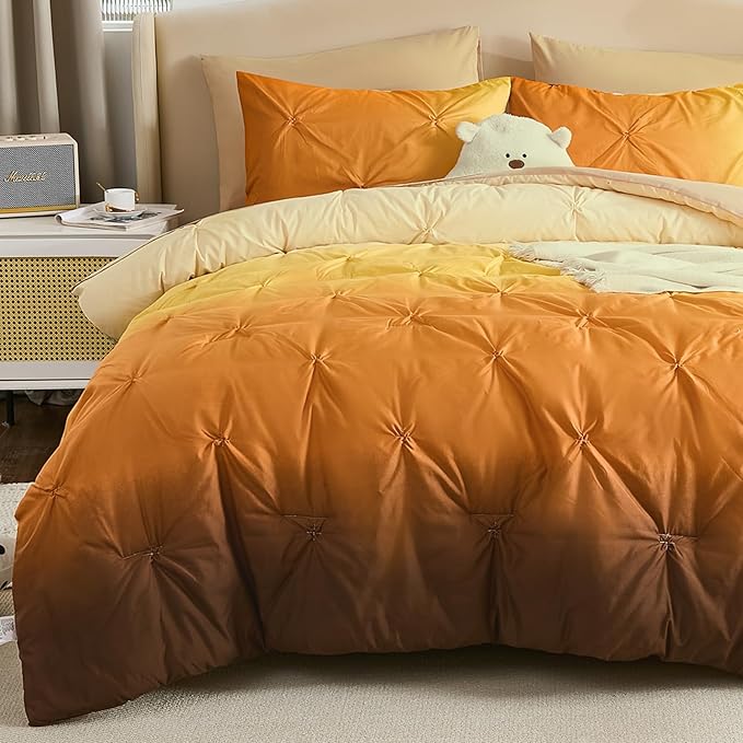 Dinjoy Ombre Comforter Set Twin Size, 5-Piece Bed in a Bag for Kid Teen, Pintuck Colorful Rainbow Bedding Sets with Comforter, Flat Sheet, Fitted Sheet and Pillowcases & Shams, Orange