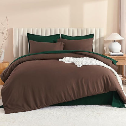 Litanika Queen Comforter Sets Brown Emerald Green- 7 Pieces Bed in a Bag Beddding Sets, Solid Lightweight Bed Set with Comforter, Sheets, Pillowcases & Shams
