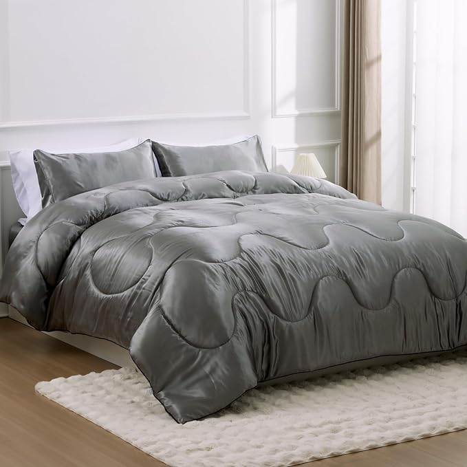 A Nice Night Satin Silky Soft Quilt Luxury Super Soft Microfiber Bedding Comforter Set Full/Queen, Light Weighted (Silver, Queen)