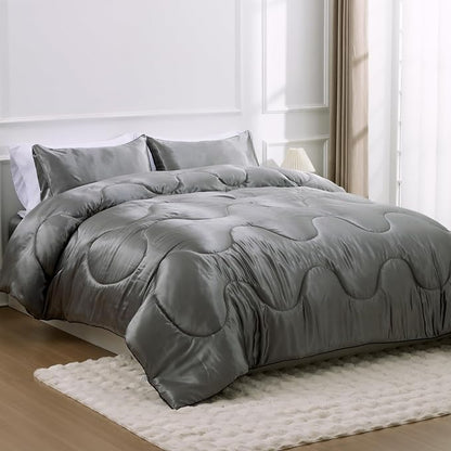 A Nice Night Satin Silky Soft Quilt Luxury Super Soft Microfiber Bedding Comforter Set Full/Queen, Light Weighted (Silver, Queen)
