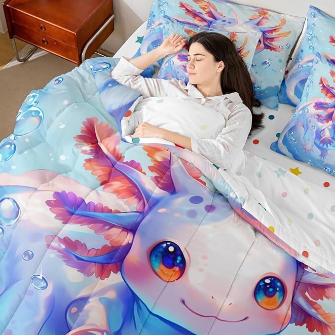 Feelyou Queen Size Cute Axolotl Bed in a Bag Boys Girls Blue Cartoon Salamander Comforter Set with Sheets for Kids Ultra Soft Kawaii Ocean Sealife 7 Piece Bedding Set Reptile Animal Room Decor