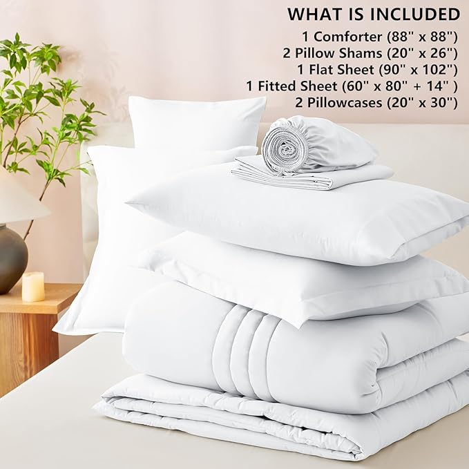 CozyLux Queen Comforter Set - 7 Pieces Bed in a Bag White Comforter Set with Sheets Luxury Bed Set All Seasons, Soft Bedding Set with Down Alternative Comforter, Sheets, Pillowcases & Shams