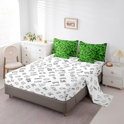 Green Pixelated Miners Gamer Bedding Set Twin Size,Video Games 7Pcs Comforter Set,Kids Boys Girls Teens Room Decor,Cartoon Gamepad Bed in a Bag Modern Geometric Check Flat Fitted Sheet,2 Pillowcases