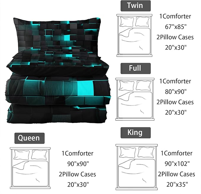 Neon Turquoise Black Comforter Set King Geometric Kids Bedding Set,3 PCS Geometry Honeycomb Bed Set Modern Quilt Set 1 Comforter 2 Pillow Cases Cool Room Decor All Season B-Side Black