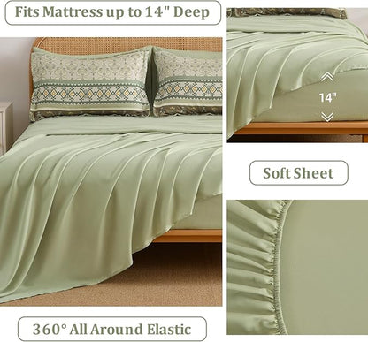 Boho Comforter Set Queen Size,7 Pieces Sage Green Bedding Set Bed in a Bag,Paisley Floral Comfortet and Sheet Set,Soft Striped Bohemian Comforter with Sheet for All Season