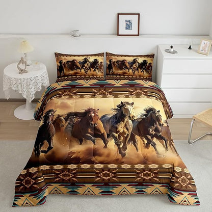 Feelyou Boho Comforter Set Toddler Size Horses Comforter Southwestern Native Aztec Bedding Set Retro Exotic Boho Duvet Set Room Decor Dark Brown Quilt Set