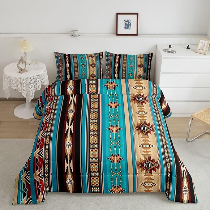 Aztec Bedding Set Ethnic Tribal Arrow Queen Comforter Set,Vintage Southwestern Native Bohemian Quilt,Western Star Duvet Insert Exotic Geometric Diamond Stripes Room Decor,Teal Blue and Brown