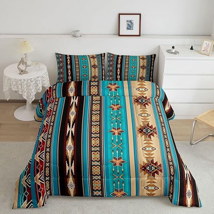 Aztec Quilt Ethnic Tribal Arrow Comforter Set,Retro Southwest Native Bohemian Bedding Set King,Western Star Geometric Sriped Duvet Insert African Tribe Exotic Nordic Style Boho Decor,Blue Brown
