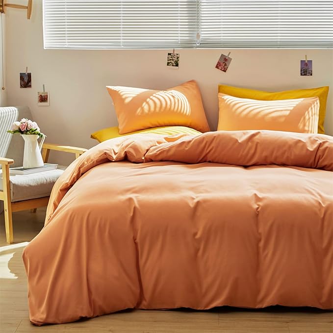 Cottonight Peach Comforter Set - Full Light Orange Bedding, Cotton Coral Pink Quilt, Soft Simple Breathable Modern Solid for Women Men