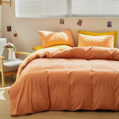 Cottonight Peach Comforter Set - Full Light Orange Bedding, Cotton Coral Pink Quilt, Soft Simple Breathable Modern Solid for Women Men