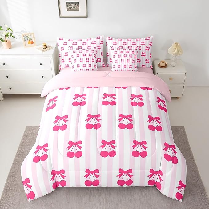Feelyou Pink Girls Bow Bedding Set for All Season King Size Kawaii Cherry Prints 7 Pieces Comforter Sets for Boys Teens Decor Stripes Bed in a Bag with Comforter, Sheets, Pillowcases & Cushion Cover