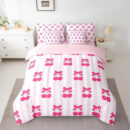 Feelyou Pink Girls Bow Bedding Set for All Season King Size Kawaii Cherry Prints 7 Pieces Comforter Sets for Boys Teens Decor Stripes Bed in a Bag with Comforter, Sheets, Pillowcases & Cushion Cover