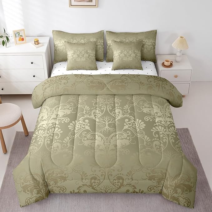 Erosebridal Gothic Damask Bed in a Bag King Size Comforter Set 7 Pieces,Sun Moon Tree of Life Bedding Sets Olive Grey Victorian Floral Goth Sheet Set with Comforter