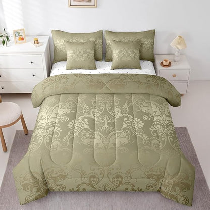 Erosebridal Gothic Damask Bed in a Bag King Size Comforter Set 7 Pieces,Sun Moon Tree of Life Bedding Sets Olive Grey Victorian Floral Goth Sheet Set with Comforter