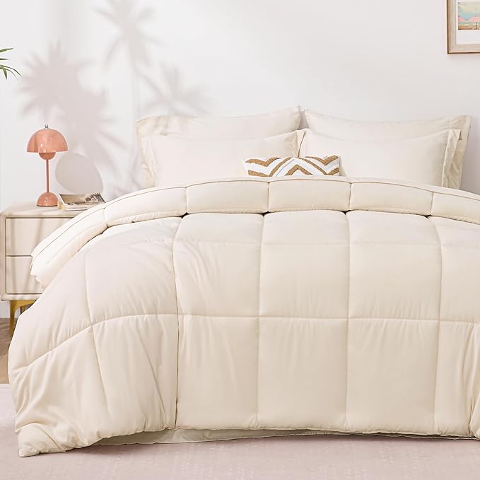 Love's cabin California King Comforter Set Beige, 7 Pieces California King Bed in a Bag, All Season Bedding Sets with 1 Comforter, 1 Flat Sheet, 1 Fitted Sheet, 2 Pillowcase and 2 Pillow Sham